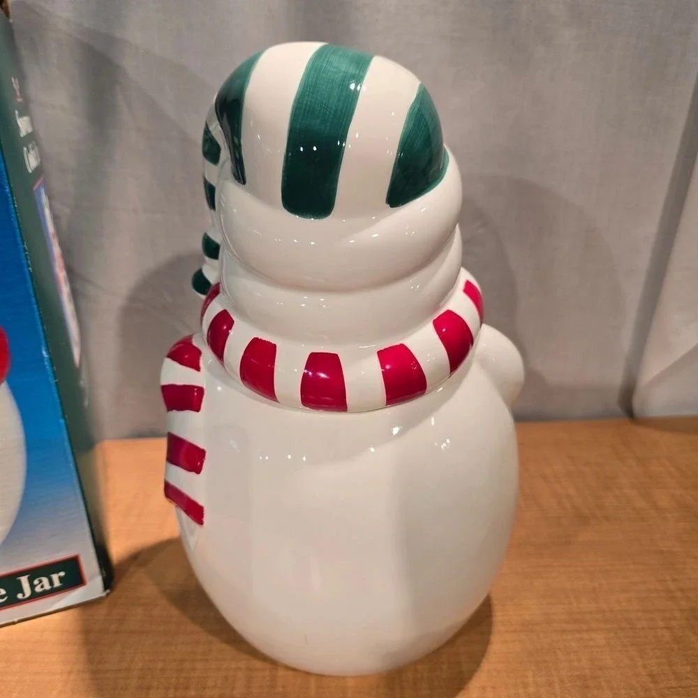 Snowman Ceramic Cookie Jar‎ Green Red Striped Hat & Scarf Original Box Christmas